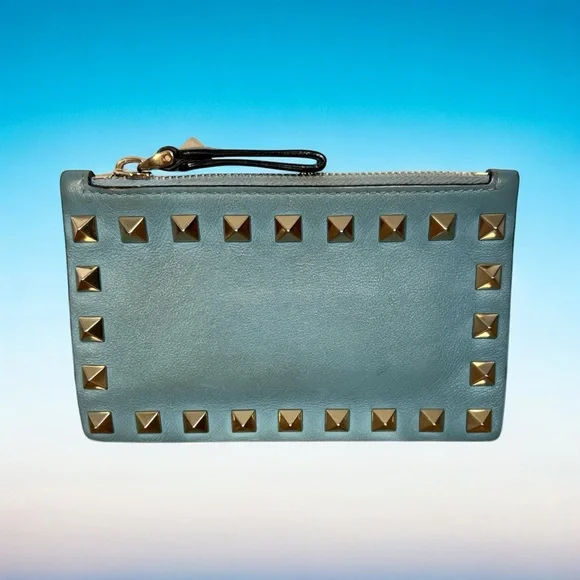 Valentino Garavani Blue Rockstud Calfskin Card Holder With Zipper (A173) - Picture 4 of 10